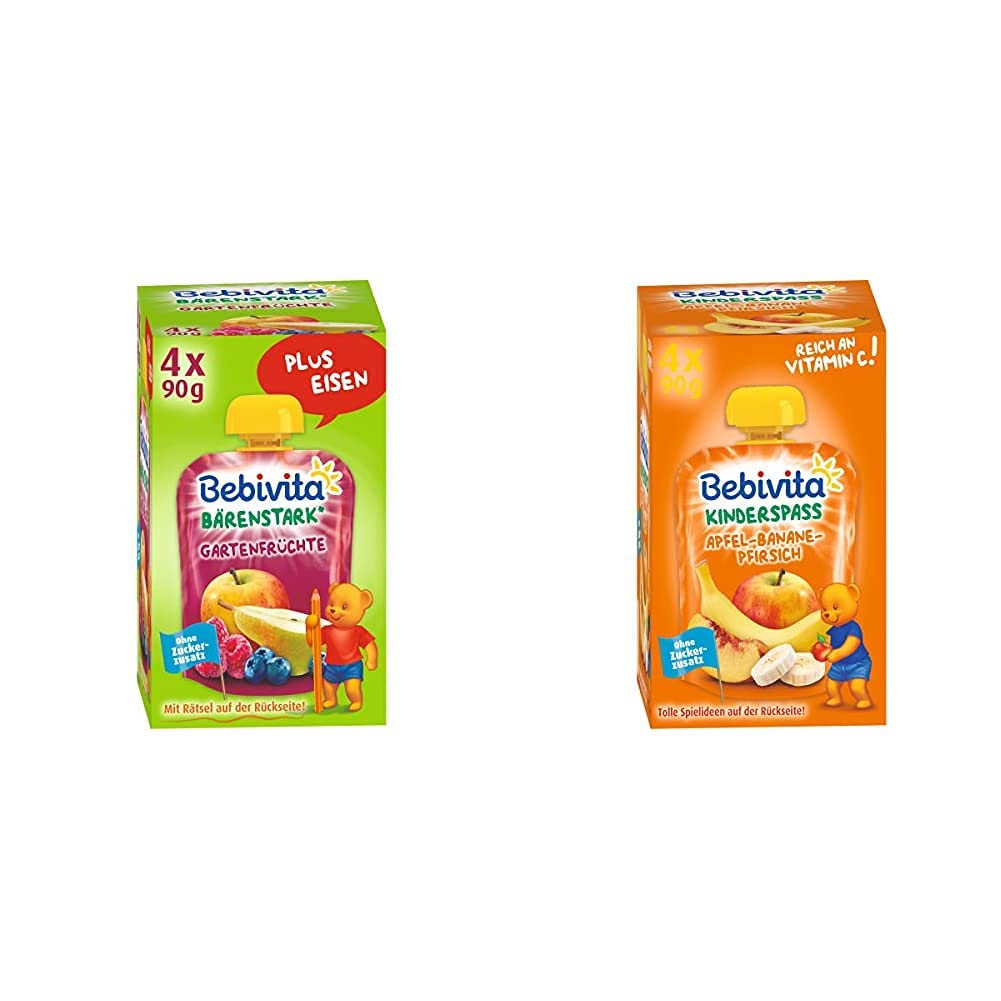 Bebivita Gartenfrüchte, 4er Pack ( 4 x 4 x 90 g ) & Kinder-Spaß, Apfel-Banane-Pfirsich, 4er Pack ( 4 x 4 x 90 g )