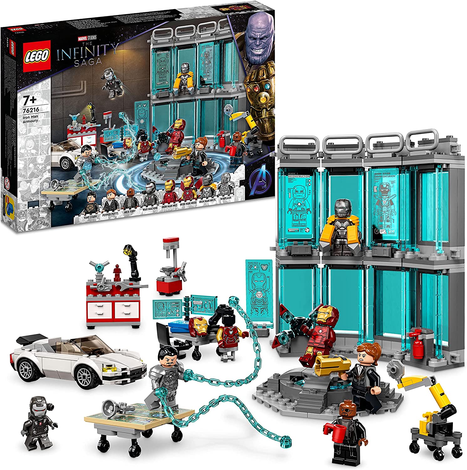 LEGO 76216 Marvel Iron Mans Workshop with Suits, Building Toy, Avengers Set with Minifigures, Gift for Children from 7 Years