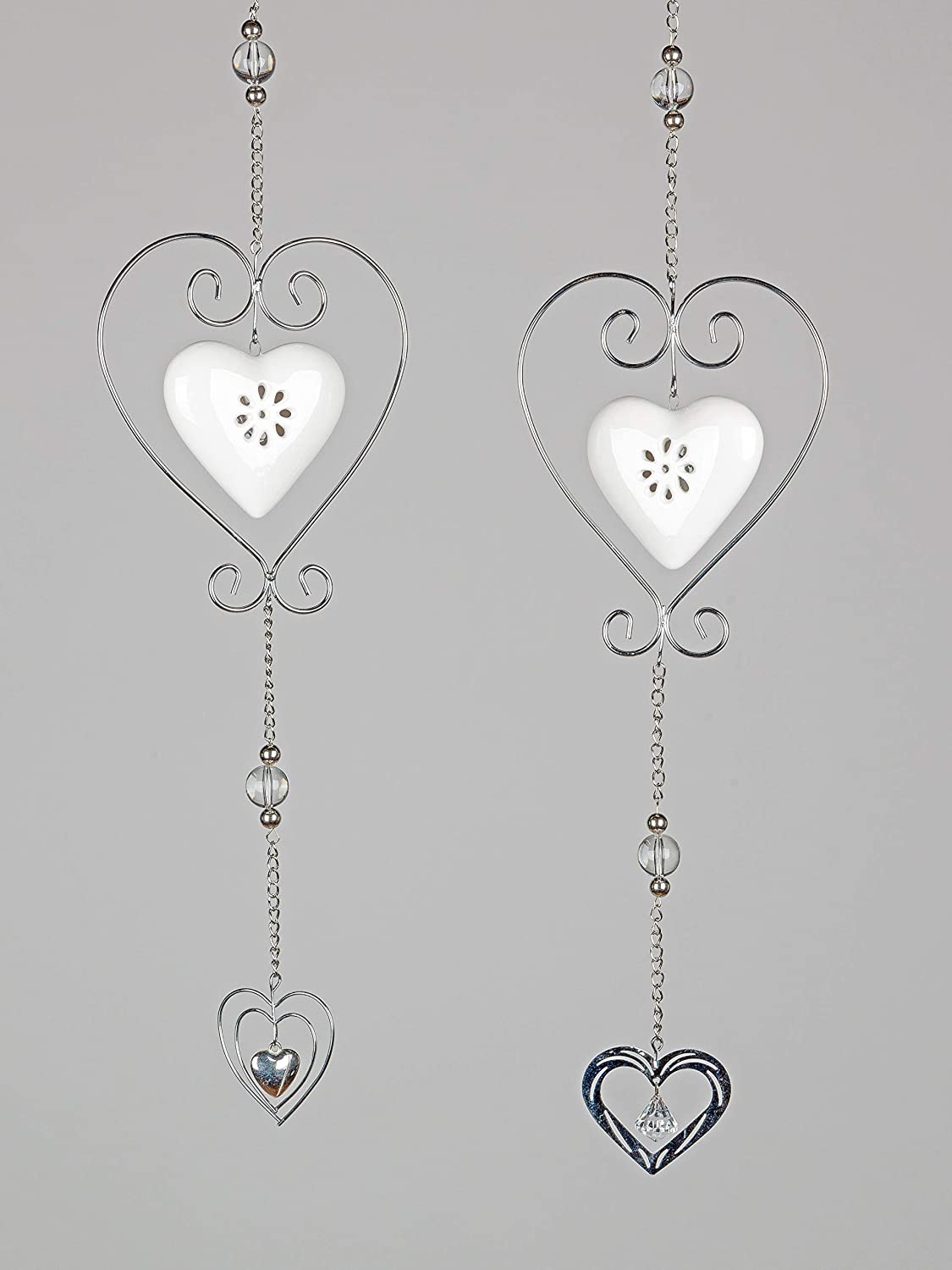 Formano Set Of 2 Decorative Hanging Hearts L. 50 Cm White Silver Metal And 