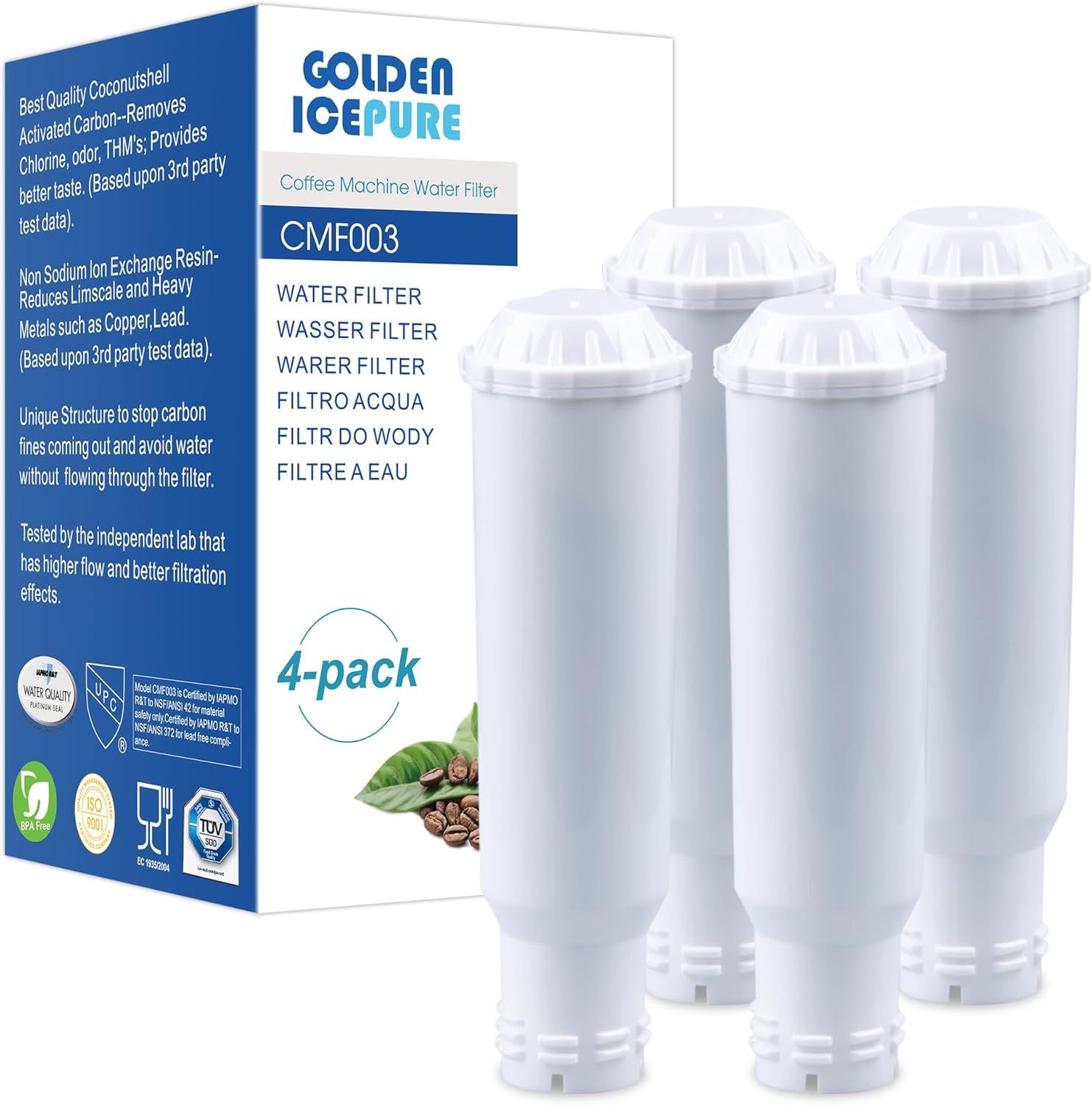 GOLDEN ICEPURE Water Filter Coffee Machine Compatible with Krups F088 Pro Aqua, Fits Many Models from AEG, Melitta, Bosch, Siemens, Nivona, Pack of 4 (Note: Not Suitable for Jura White)