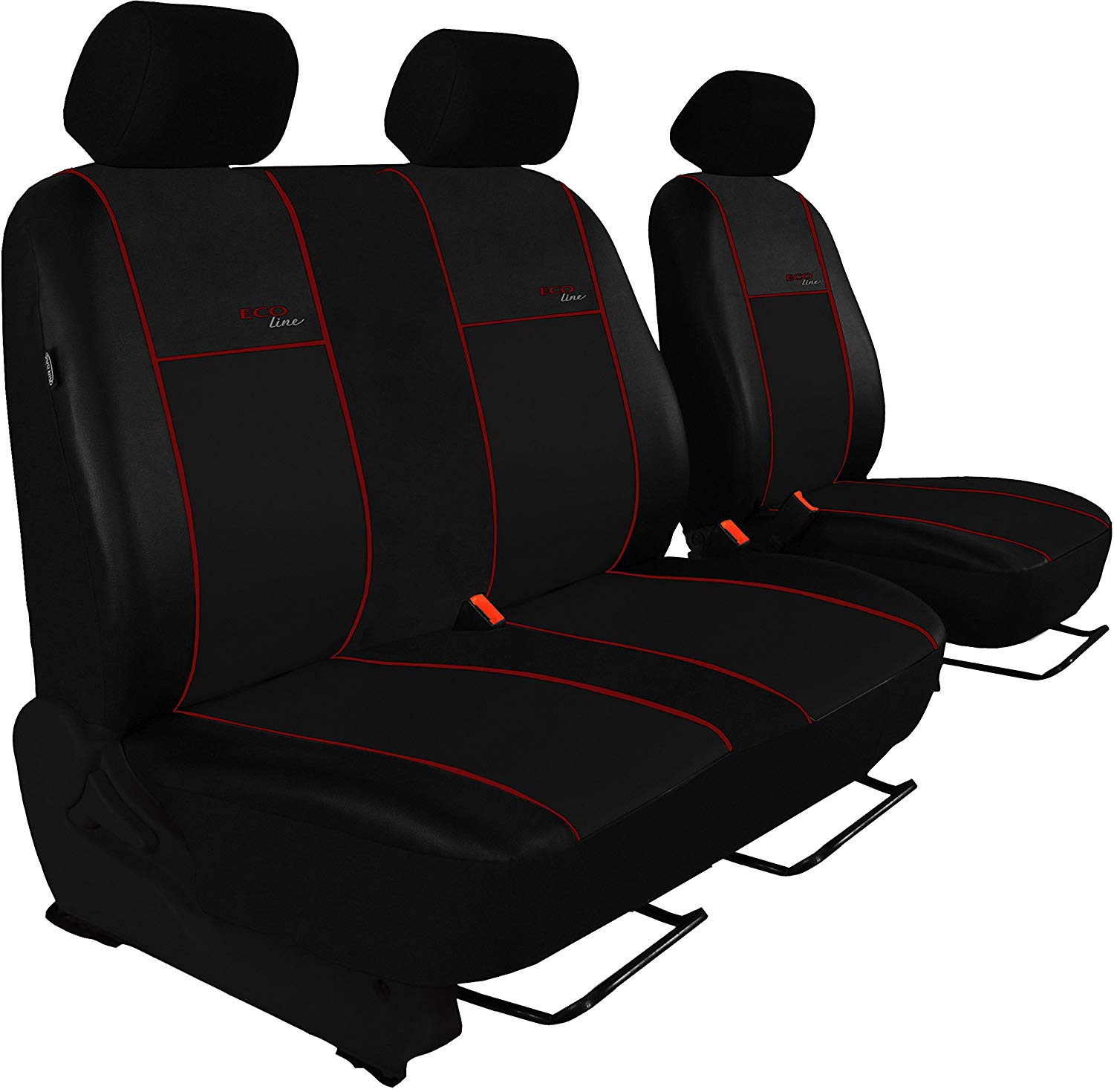 Customised Seat Covers T5 Caravelle, Driver\'s Seat and 2 Seat Bench Design Eco-Line bordeaux. It has a Lamelle