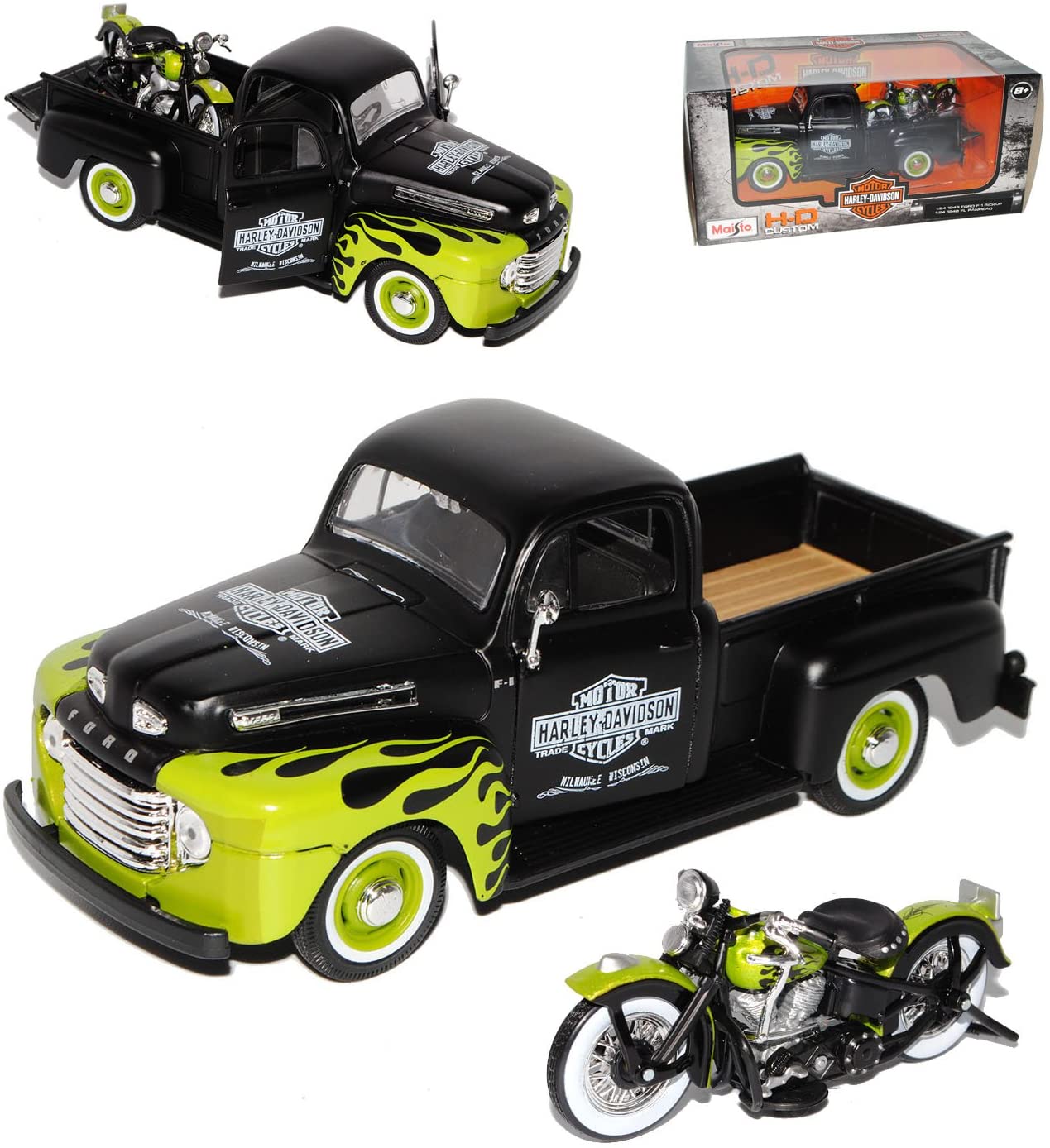 Maisto HarIey Davdson Unknown Ford F-1 Pick-Up 1948 Black Green With 1948 Panhead Hariey Davdson 