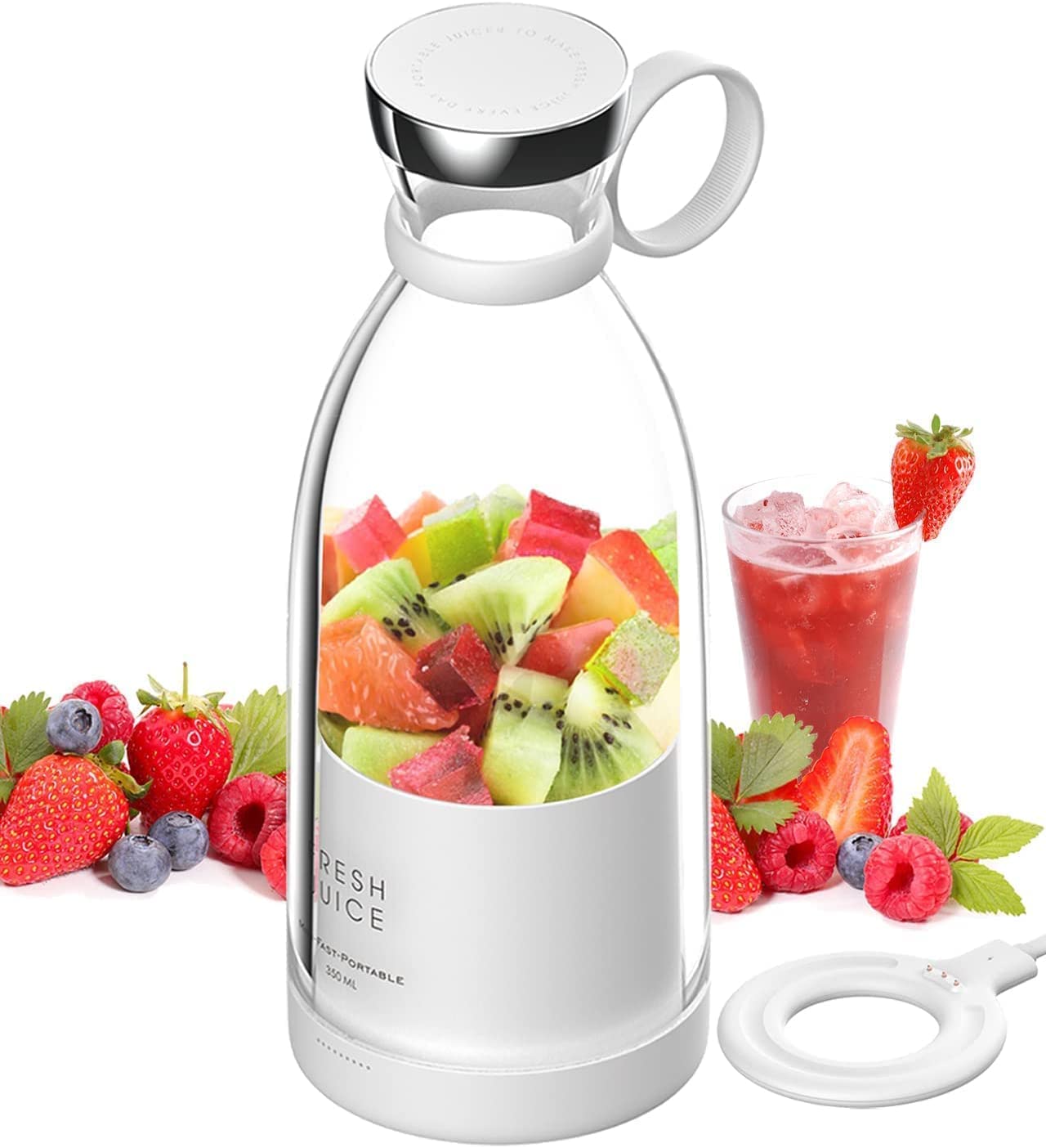 Loxis Portable Blender for Fresh Juice, Smoothies, Milkshakes, Bottle to Go, USB Charging, Mini Juicer, Mixer Smoothie Maker, with USB Rechargeable, BPA Free, 350 ml - White