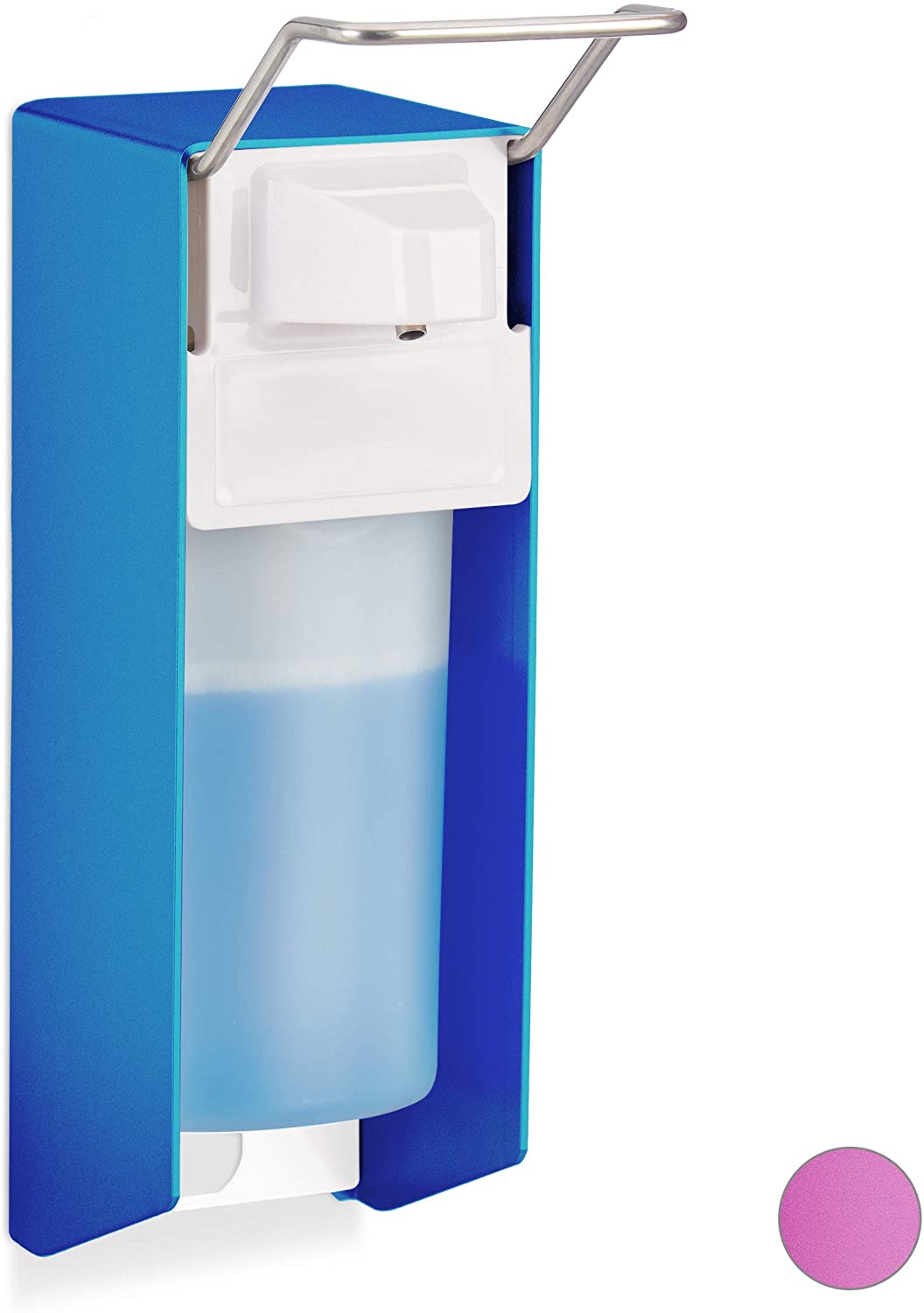 Relaxdays Euro Dispenser, 500 ml, Disinfectant, Soap, Elbow Lever, Wall Mount, Hygiene Dispenser, Blue