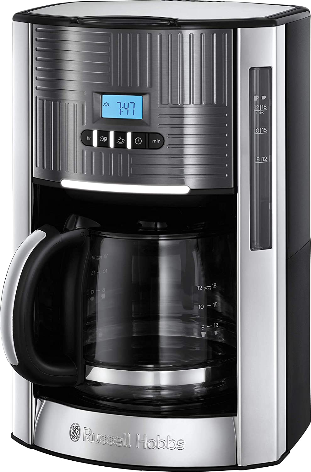 Russell Hobbs Digital Coffee Machine Stainless Steel Geo Grey Programmable Timer 1.5 L Glass Jug up to 12 Cups Warming Plate Automatic Shut-Off 1000 W Filter Coffee Machine 25270-56