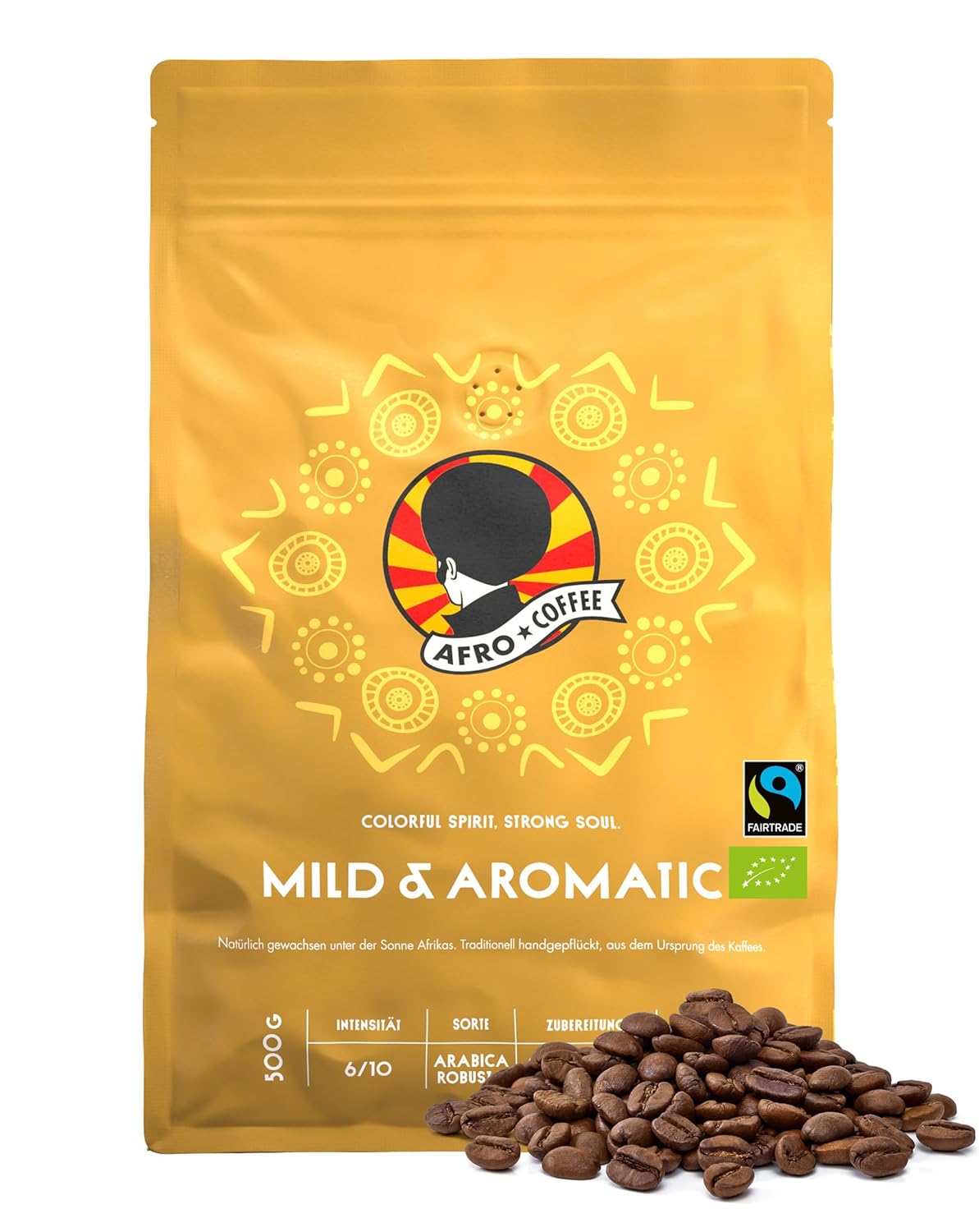 AFRO COFFEE Mild & Aromatic I 500 g Premium Organic Coffee Beans Fairtrade I Arabica & Robusta Coffee Whole Beans I Bean Coffee from East Africa with Floral Note I Hand Picked, Medium Roasted, Low