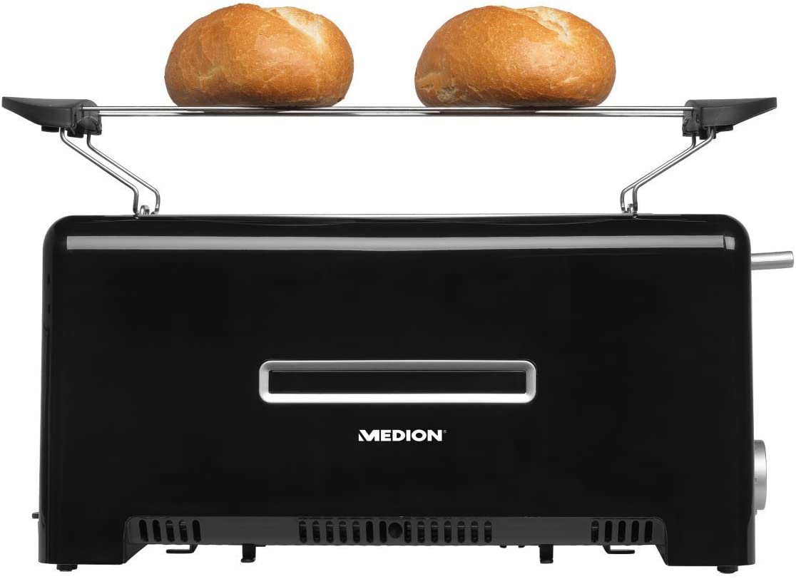 Medion MD 15709 Toaster (1200 1400 Watt, Two Long Sections # Heating/De-Icing and Stop Button, Bronzing Level Control – Black