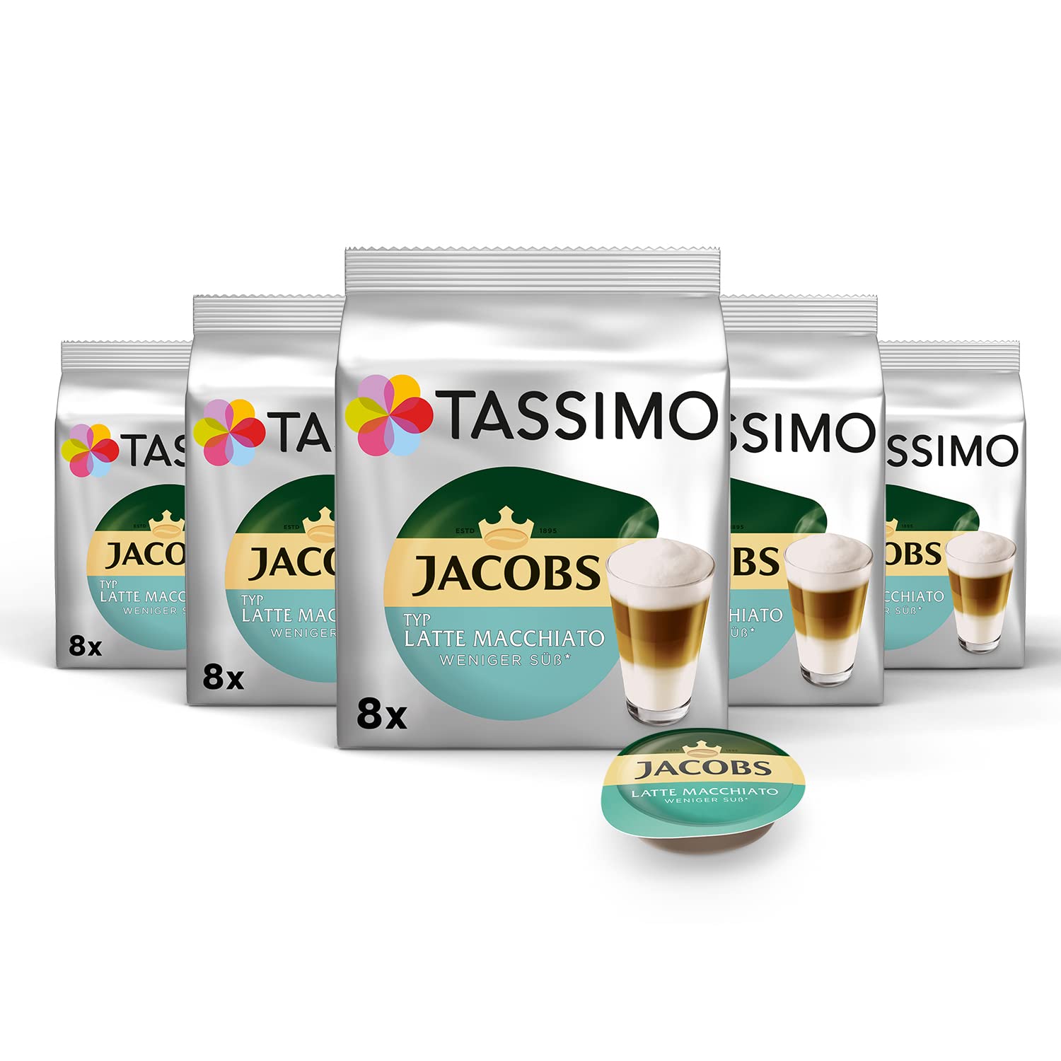 Tassimo Jacobs Type Latte Macchiato Capsules Less Sweet, 40 Coffee Capsules, Pack of 5, 5 x 8 Drinks