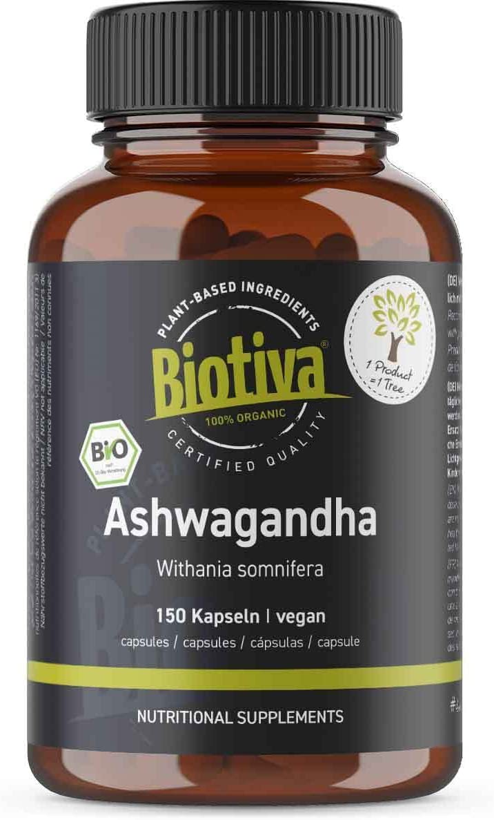 Biotiva Ashwagandha Capsules Organic – Pack of 150 – Minimum 5% Withanolide – 500 mg per Capsule – Indian Ayurveda Teachings – No Additives – Highest Purity – Made in Germany (DE-ÖKO-005)