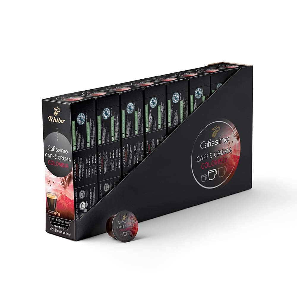 Tchibo Cafissimo Storage Box Caffè Crema Colombia Coffee Capsules, 80 Pieces - 8 x 10 Capsules (Coffee, Expressive with Touch of Lime), Sustainable & Fair Trade