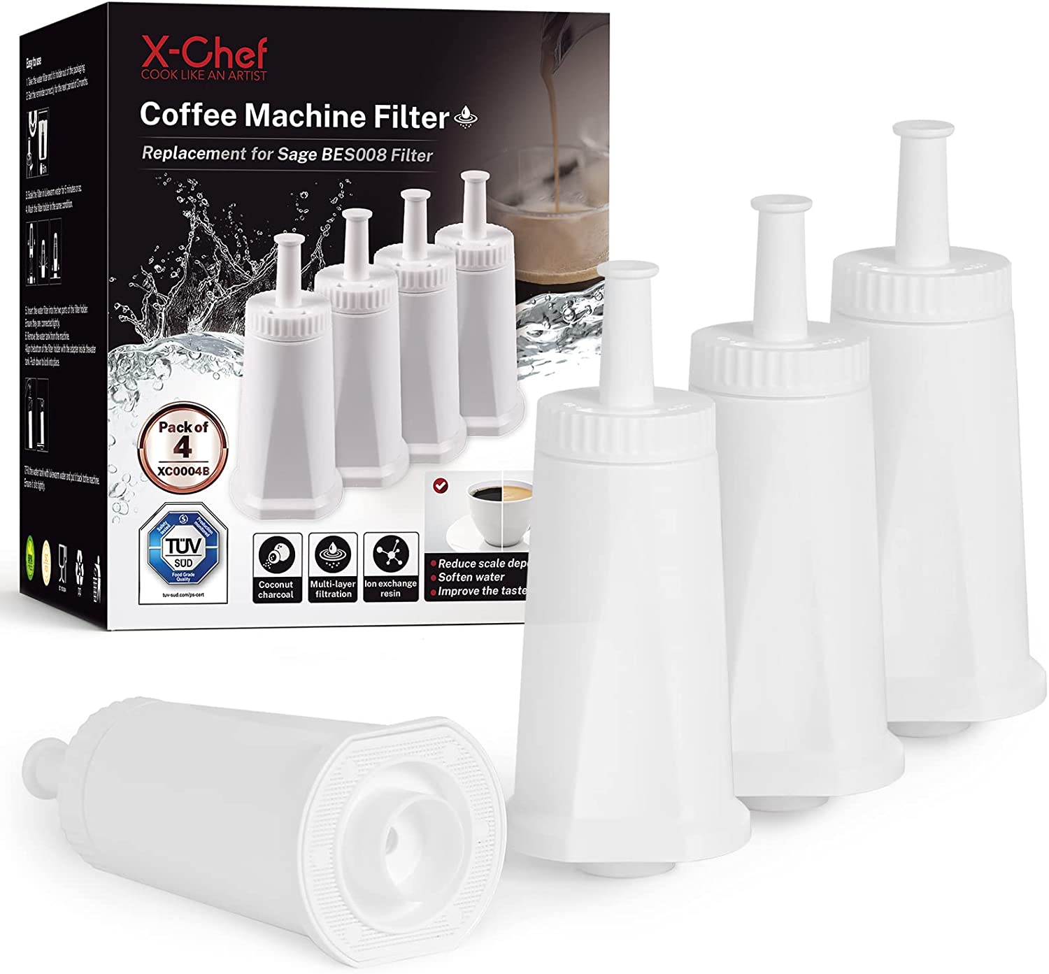 X-Chef 4 pieces water filters for coffee machines SES BES008 SES880 TÜV SÜD certified water filters Barista Touch replacement for 990/980/500/878/880/920/810