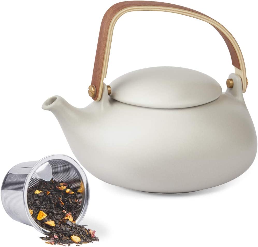 Zens Porcelain Teapot for Loose Leaves, Flower Tea Bags, Herbal Tea, White Grey