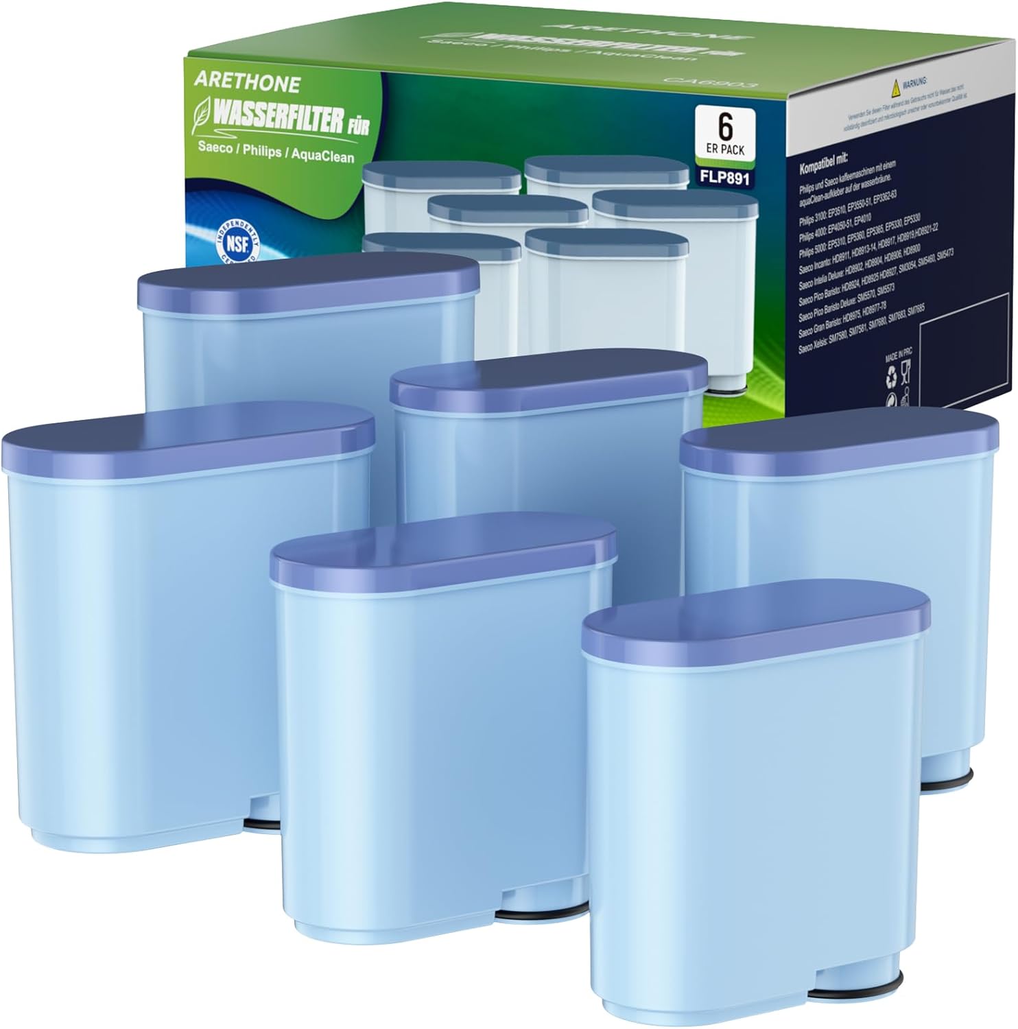 ARETHONE Water Filter Coffee Machine for Philips Aqua Clean CA6903/10 & CA6707/20, Compatible with Saeco and Philips Aquaclean Latte Go Filter, Reduces Impurities (Pack of 6)