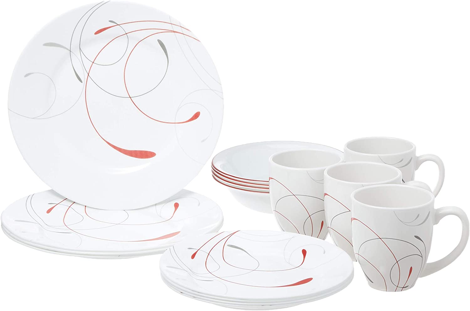 Corelle 16-Piece Vitrelle Glass Splendor Round Set for 4 People, Splitter with Strong Red/Grey