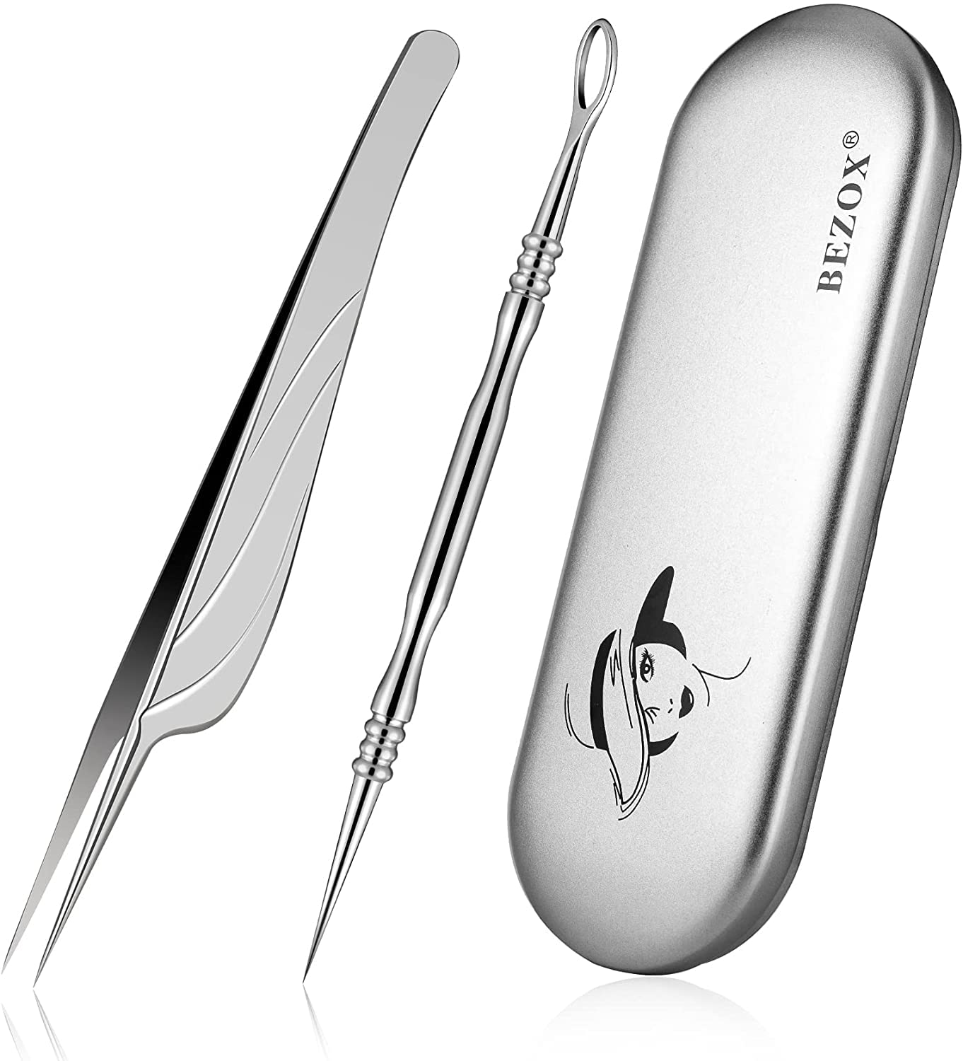BEZOX Pack of 2 Blackhead Remover, Pimple Extractor Tool (Full Stainless St, ‎silver