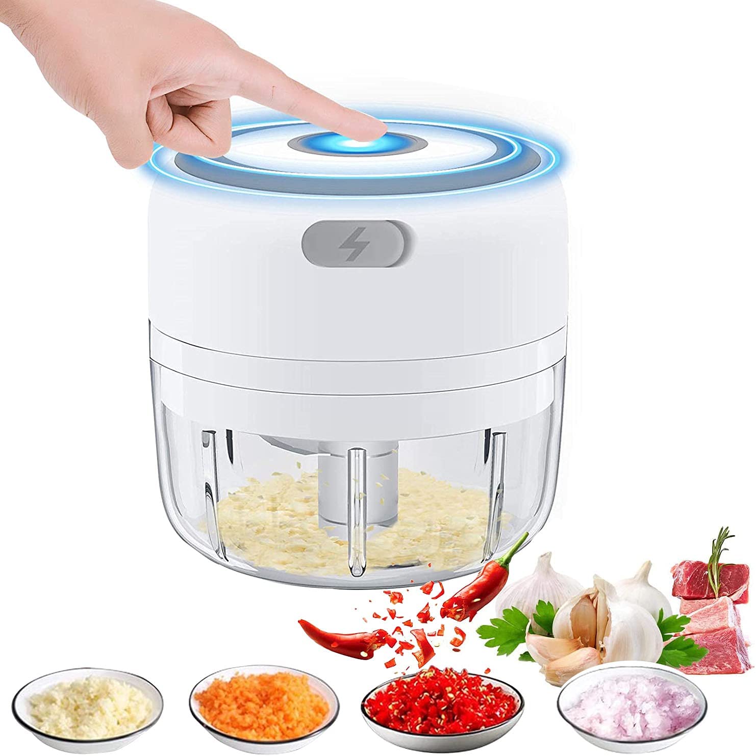 BYXAS Electric Garlic Crusher 100ml Rechargeable Powerful Portable for Fruit, Onion, Grinder, Meat and Salad - White