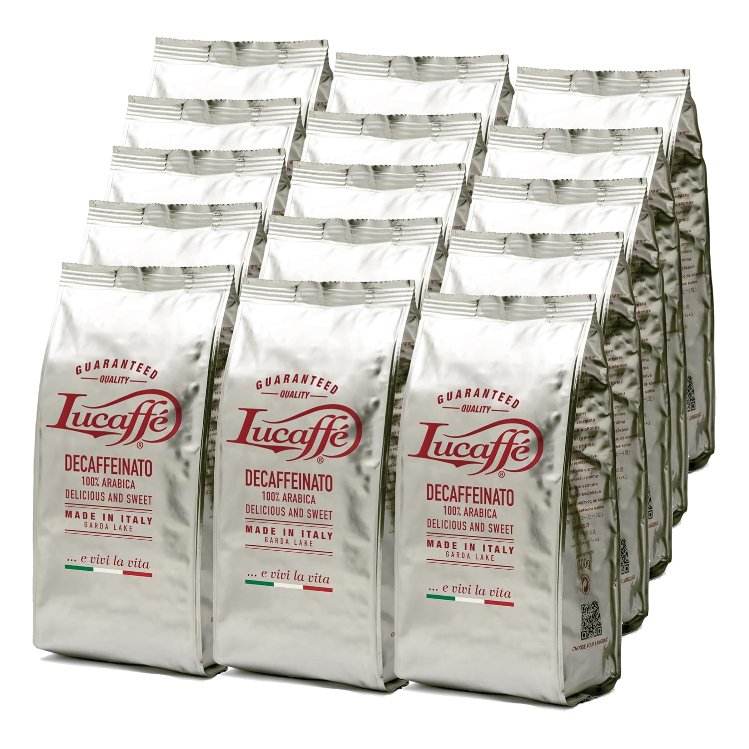 Lucaffè Decaffeinated Coffee Beans Decaffeinato, 15 Packs of 700 g, Coffee Beans for Grinding Espresso without Caffeine, Dark Roast, Sweet, Fruity Taste, Creamy, Intense Aroma