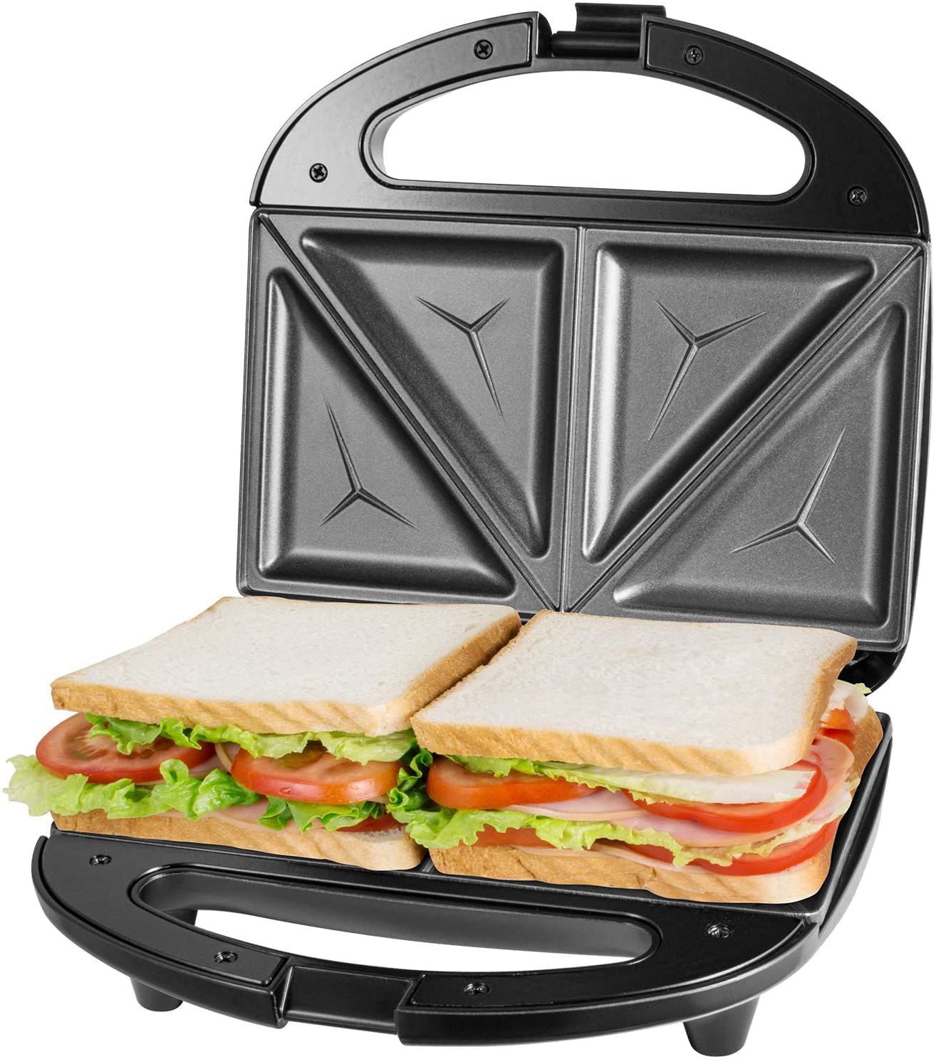 DIDO Sandwich Maker for 2 Sandwiches, Sandwich Toaster, 2-Layer Non-Stick Coating, Quick Heating Toaster, Heat-Insulated Handle, Space-Saving Storage, Black/Stainless Steel
