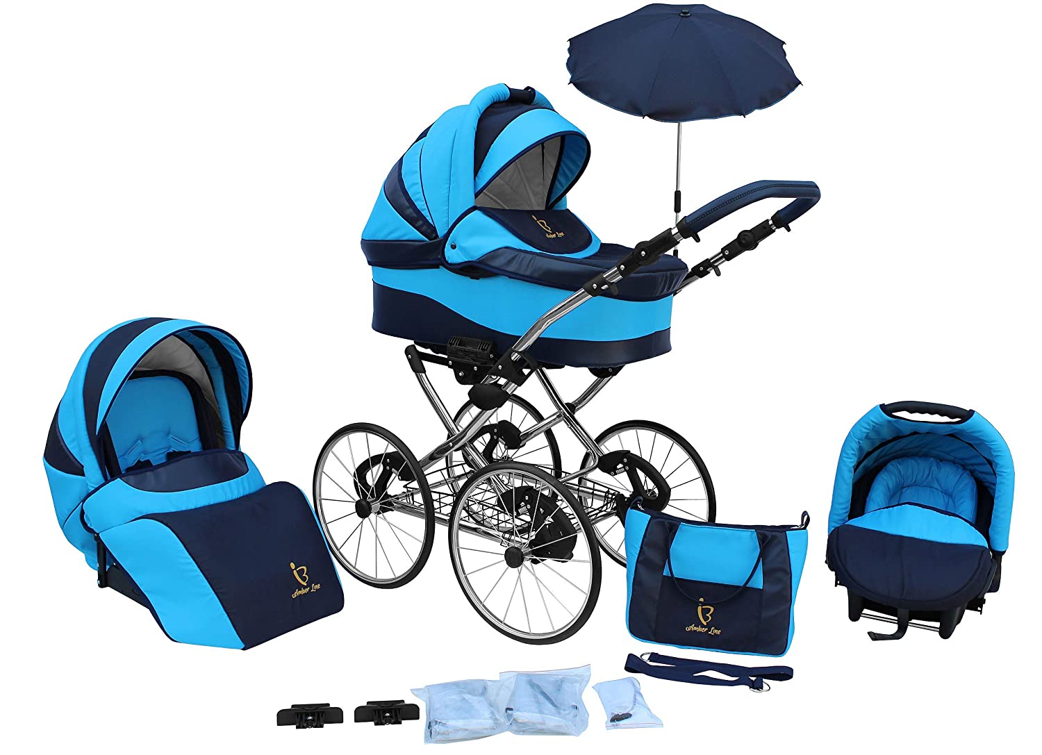 SKYLINE Classic Retro Style Combination Pram Buggy 3-in-1 Travel System Car Seat (Isofix) (Blue/17 Inch Hard Rubber Tyres)