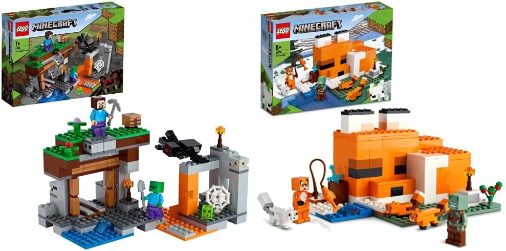 LEGO 21166 Minecraft The Abandoned Mine Construction Set, Zombie Cave with Figures: Slime, Steve and Spider & 21178 Minecraft “The Foxhole”, Toy for Boys and Girls from 8 Years