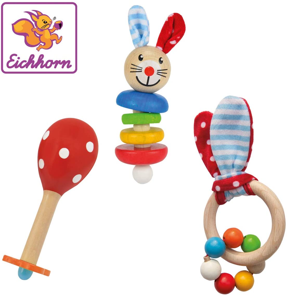 Eichhorn 100017045 Baby Starter / Gift Set with Maraca, Grasping Toy with Sound and Grasping Toy with Rabbit Motif, 3 Pieces, from 3 Months