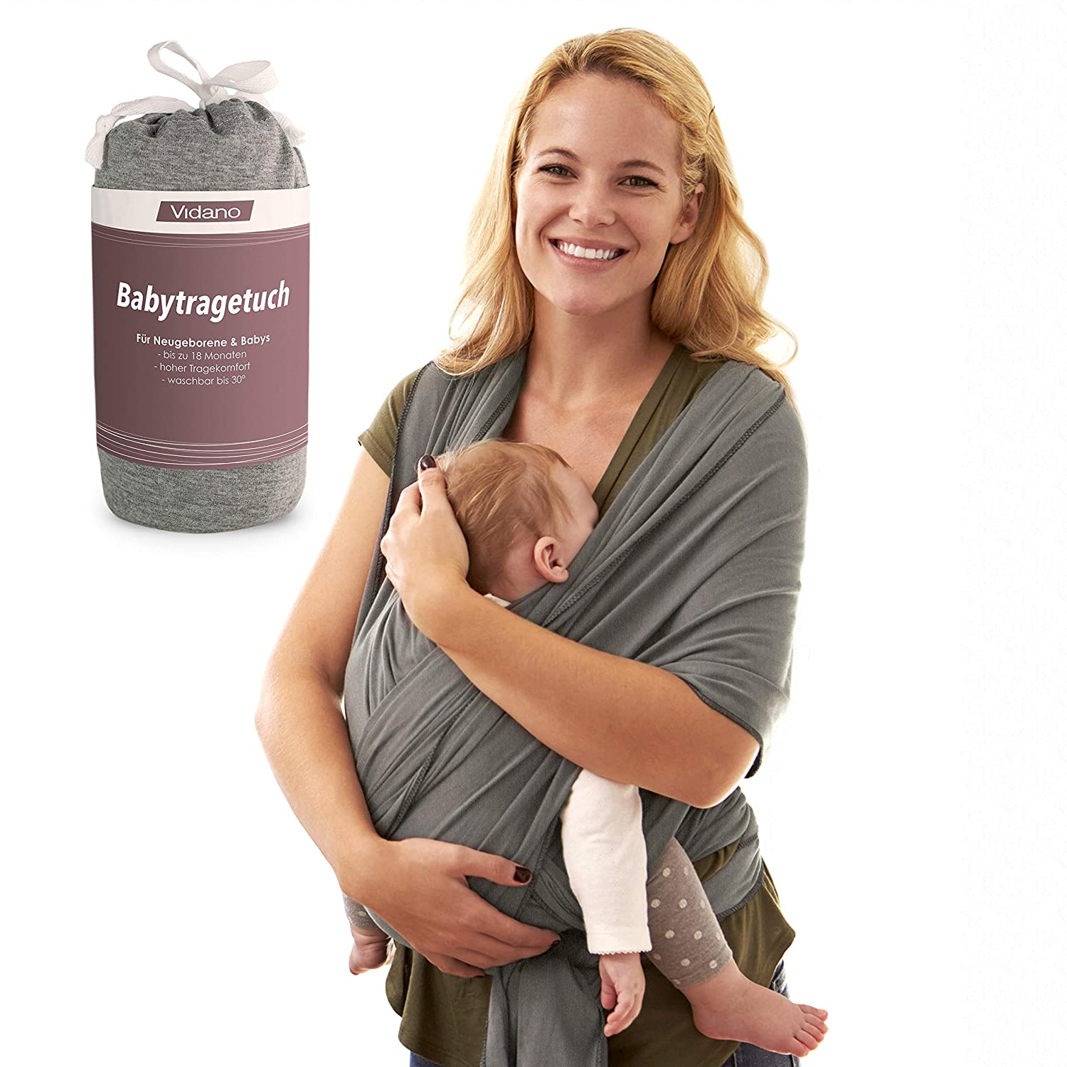 Vidano Premium Baby Sling for Newborns Cotton Grey with Changing Instructions