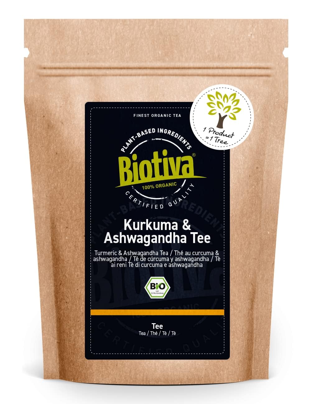 Biotiva turmeric & Ashwagandha Tee Bio 100g - High -quality turmeric root (Curcuma Longa) and Ashwagandha (W. Somnifera) dried - filled and checked in Germany