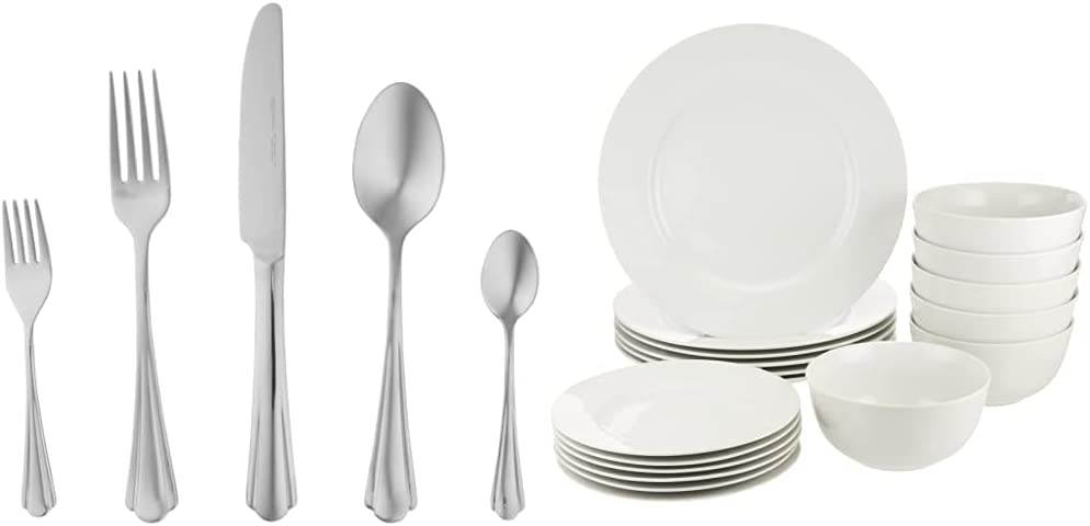 AmazonBasics Amazon Basics 18 Piece Dinner Service for 6 People & Scalloped Edge Stainless Steel 20 Piece Set for 4 People