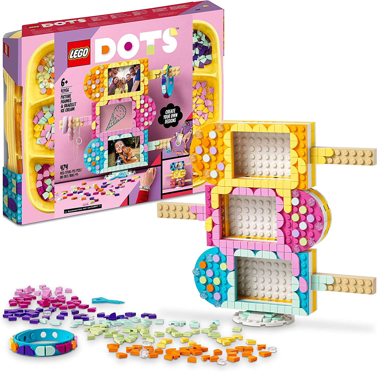 LEGO 41956 DOTS Ice Cream Picture Frame & Bracelet, DIY Craft Set for Personalised Jewellery and Decoration, Crafts for Children from 6 Years