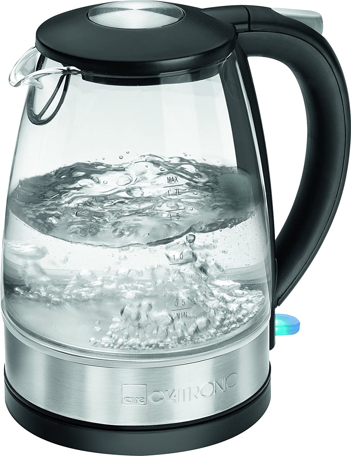 Clatronic WKS 3680 G Glass Stainless Steel Kettle 1.7 L Concealed Stainless Steel Heating Element External Water Level Indicator
