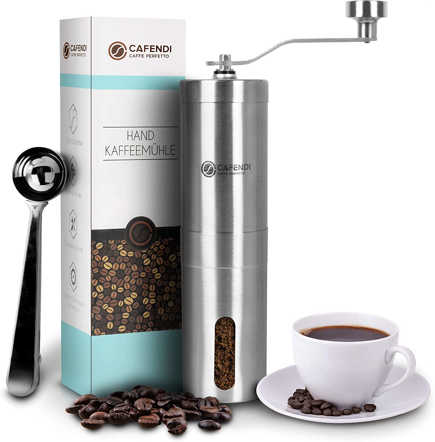 Cafendi Manual Coffee Grinder, Stainless Steel Hand Coffee Grinder, Robust Ceramic Grinder, Espresso Grinder for Kitchen, Camping and Outdoor, with e-book for Perfect Coffee Enjoyment