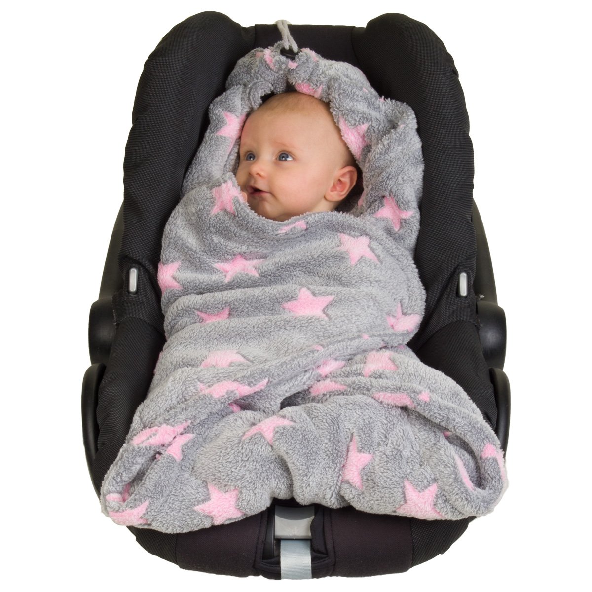 HOPPEDIZ Fleece Blanket for 3 & 5 Point Harness Systems Impact / Car / Crawling Blanket Grey / Pink with Stars