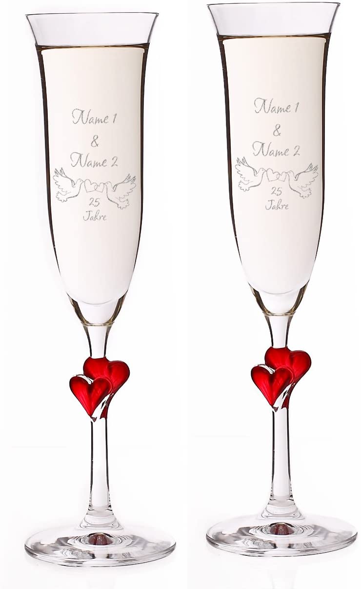 Stölzle Lausitz L \'Amour Red Hearts Silver Wedding Anniversary Champagne Flutes Set of 2 – Engraved With A Name