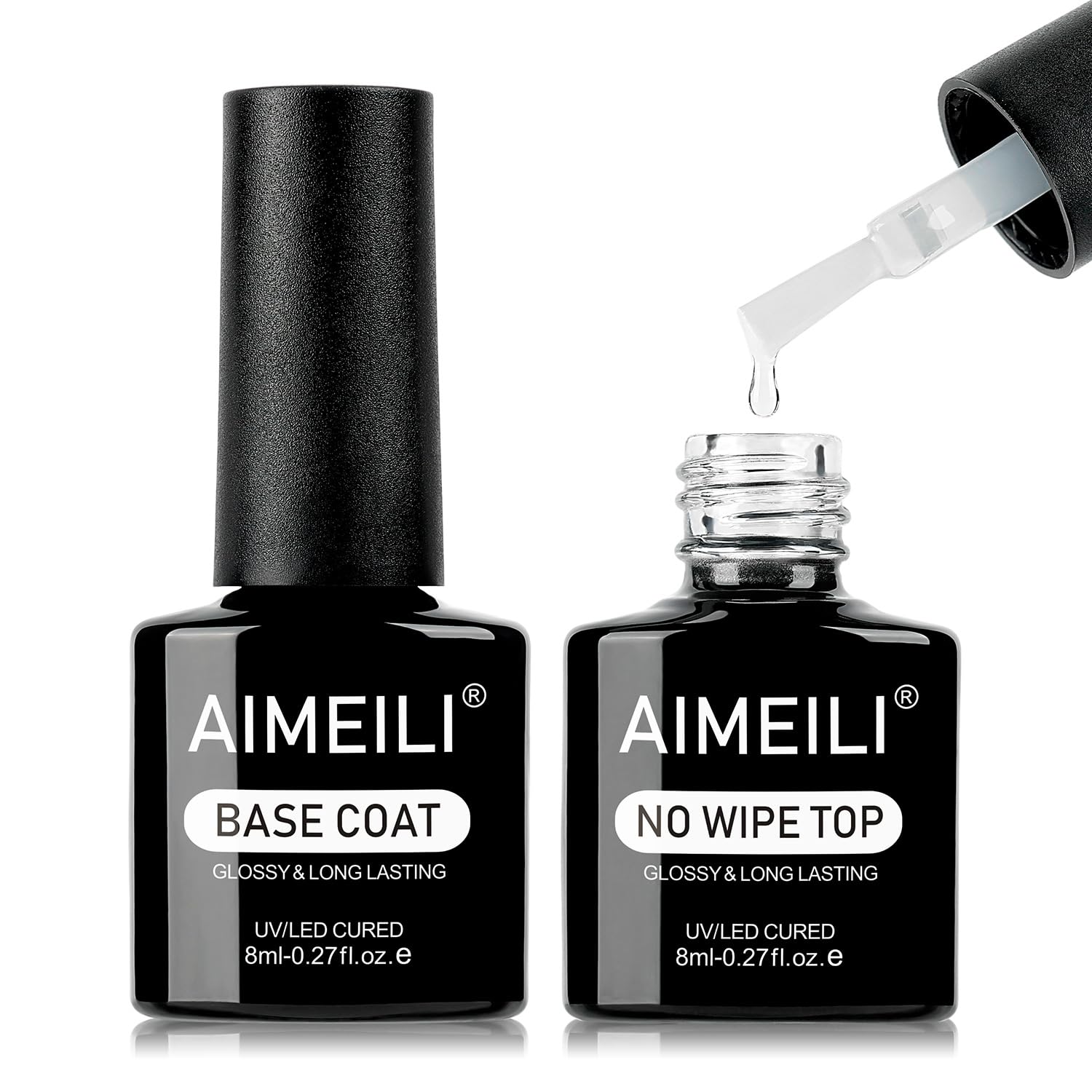 AIMEILI Base and Top Coat Gel UV, Base Coat and Top Coat for Nails No Wipe Top Coat Gel UV Extra Shine UV Base Coat Long Lasting 2 x 8 ml