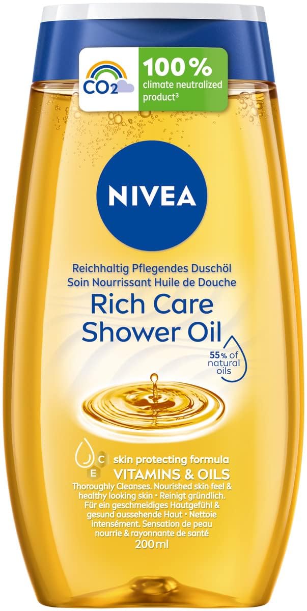 NIVEA Richly Nourishing Shower Oil (200 ml), gentle shower gel with natural oils and vitamins, rich nourishing shower for a supple skin feeling