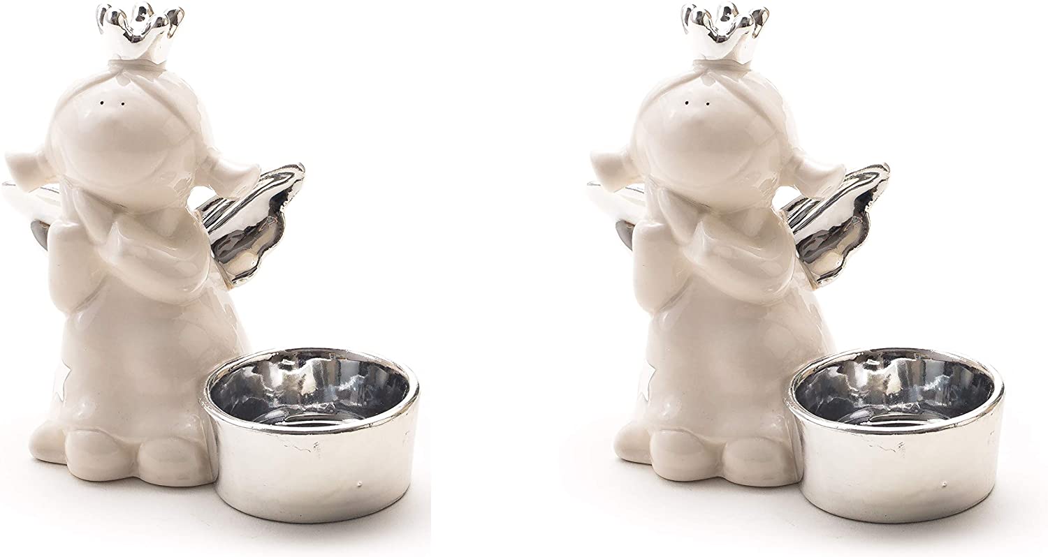 DARO DEKO Daro Decorative Ceramic Angel Tealight Holder Silver White 11 cm - Single or Set of 2
