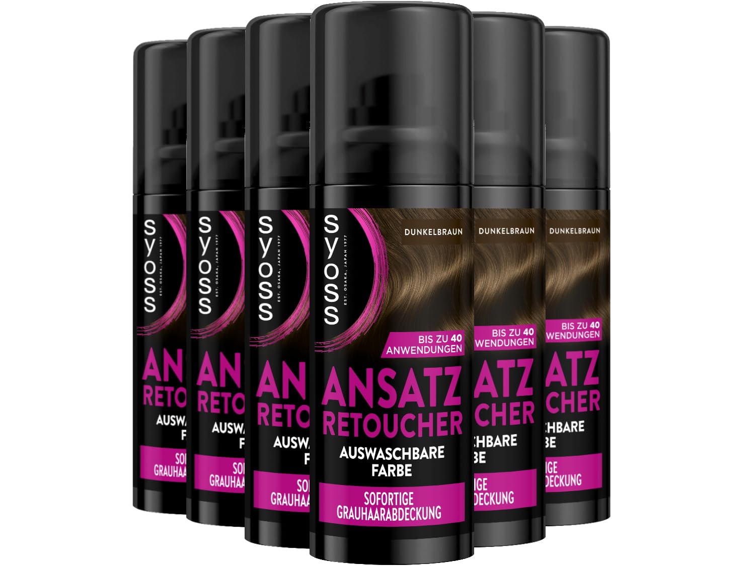 SYOSS Approach Retoucher Concealing Spray Dark Brown (6 x 120 ml), Root Spray Covers Lighter and Gray Renewable Roots, Sweat & Rainproof Washable Hair Color up to 40 Applications