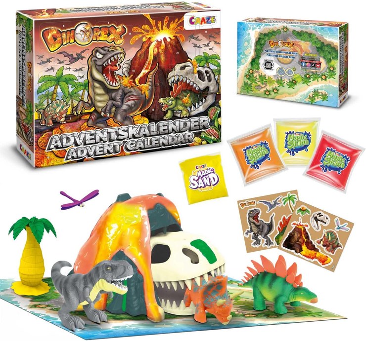 CRAZE Dinorex Children's Advent Calendar, Dino Toy Advent Calendar with Dinosaur Figures, Playset with Volcano and Lava