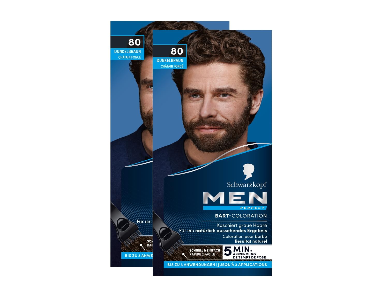 Schwarzkopf Men Perfect Beard Coloration 80 Natural Black/Brown Level 2 (2 x 30 ml), Beard Dye for Concealing Gray Hair for a Natural-Looking Result, Quick Application