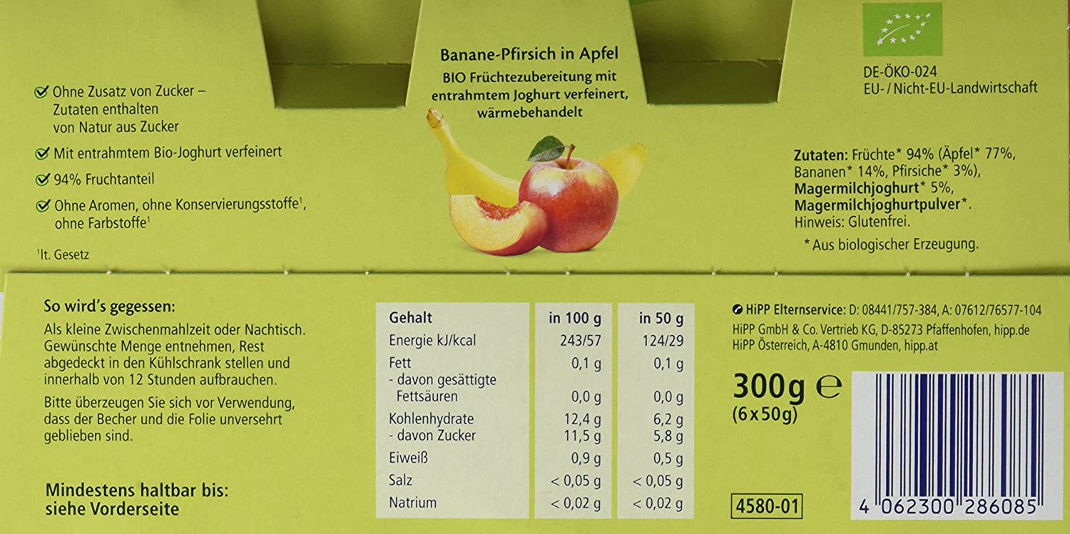 HiPP Früchte-Freund Banane-Pfirsich in Apfel, 4er Pack (6 x 50 g)