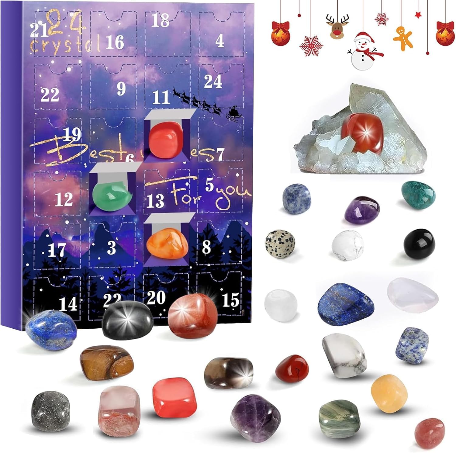 Advent Calendar 2024 Crystals for Children, 24 Natural Crystals Minerals Gemstones Christmas Countdown Advent Calendar, Gemstone Christmas Advent Countdown Calendar for Boys Girls