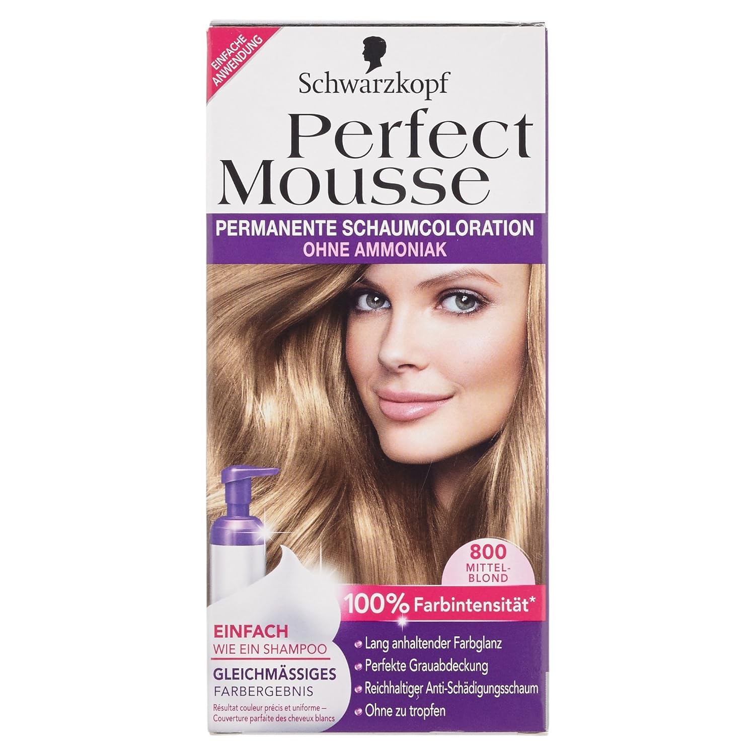 Schwarzkopf Perfect Mousse permanente Schaumcoloration, 800 Mittelblond, 1 Stück, 92,5 ml