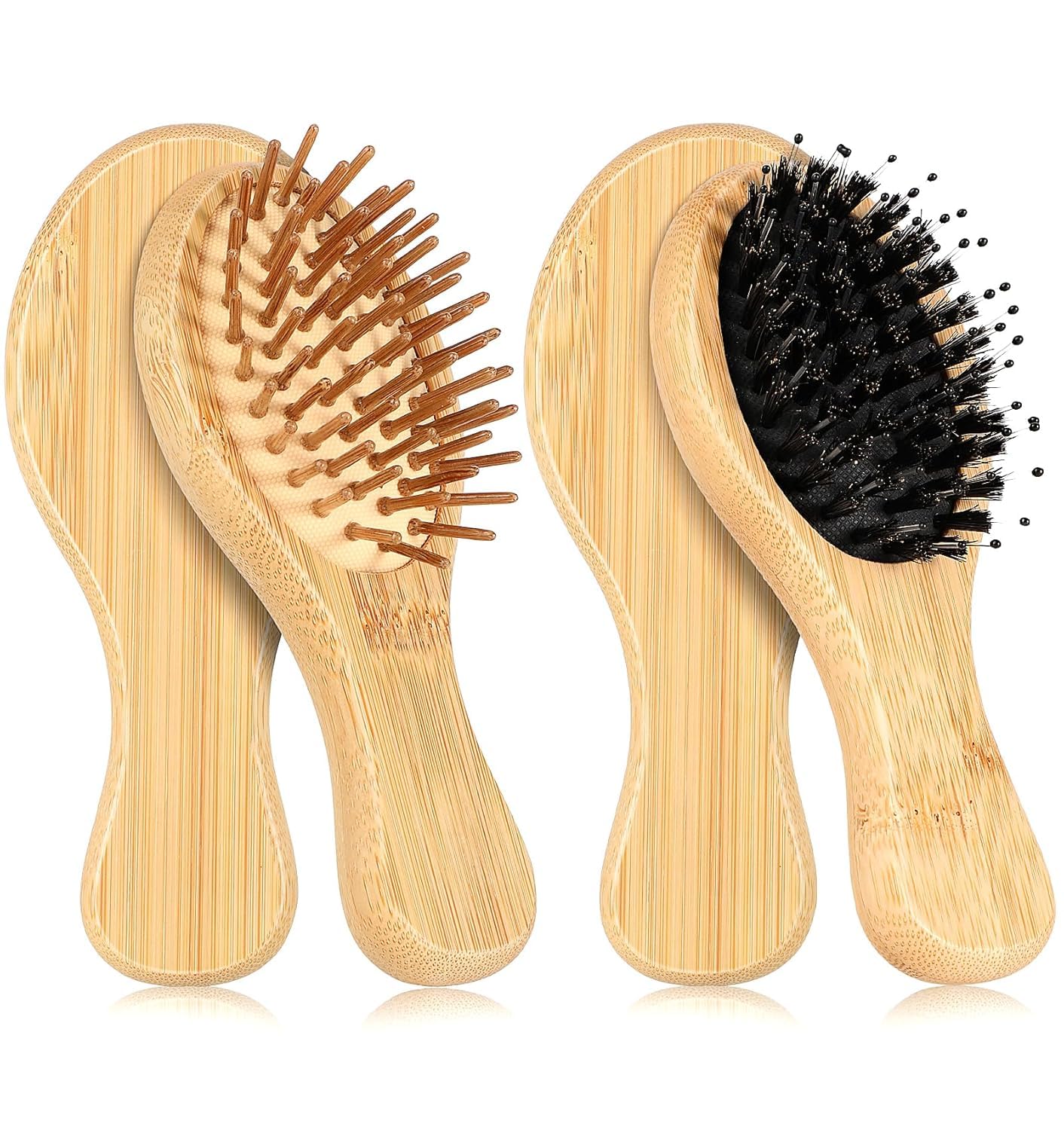 2 x Bamboo Boar Bristle Hair Brush and Detangler, Mini Travel Hair Brushes with Massaging Bristles for Wet/Dry Hair