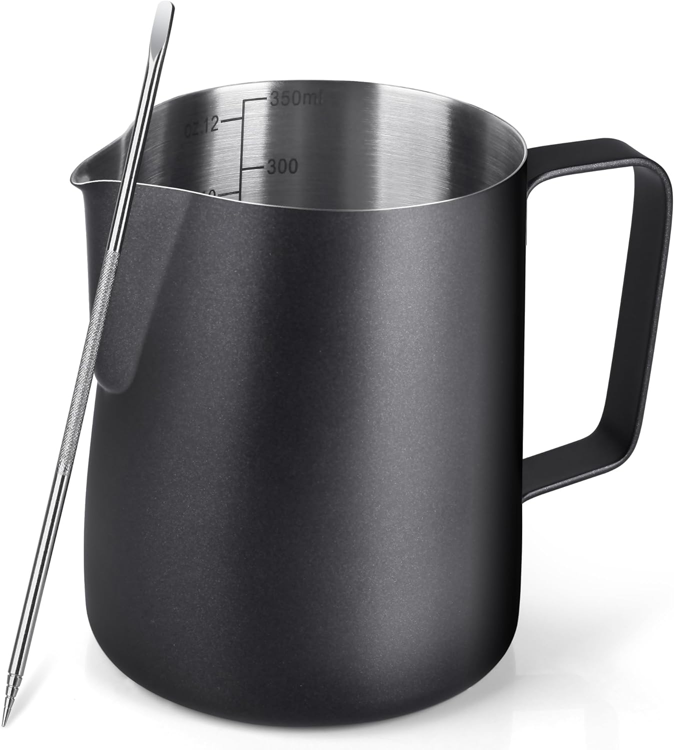 Milk Jug, 350 ml Stainless Steel Frothing Jug, 304 Stainless Steel Milk Frother and Latte Art Pen, Barista Accessories, Milk Jug Stainless Steel for Espresso cappuccino (12fl.oz, Black)