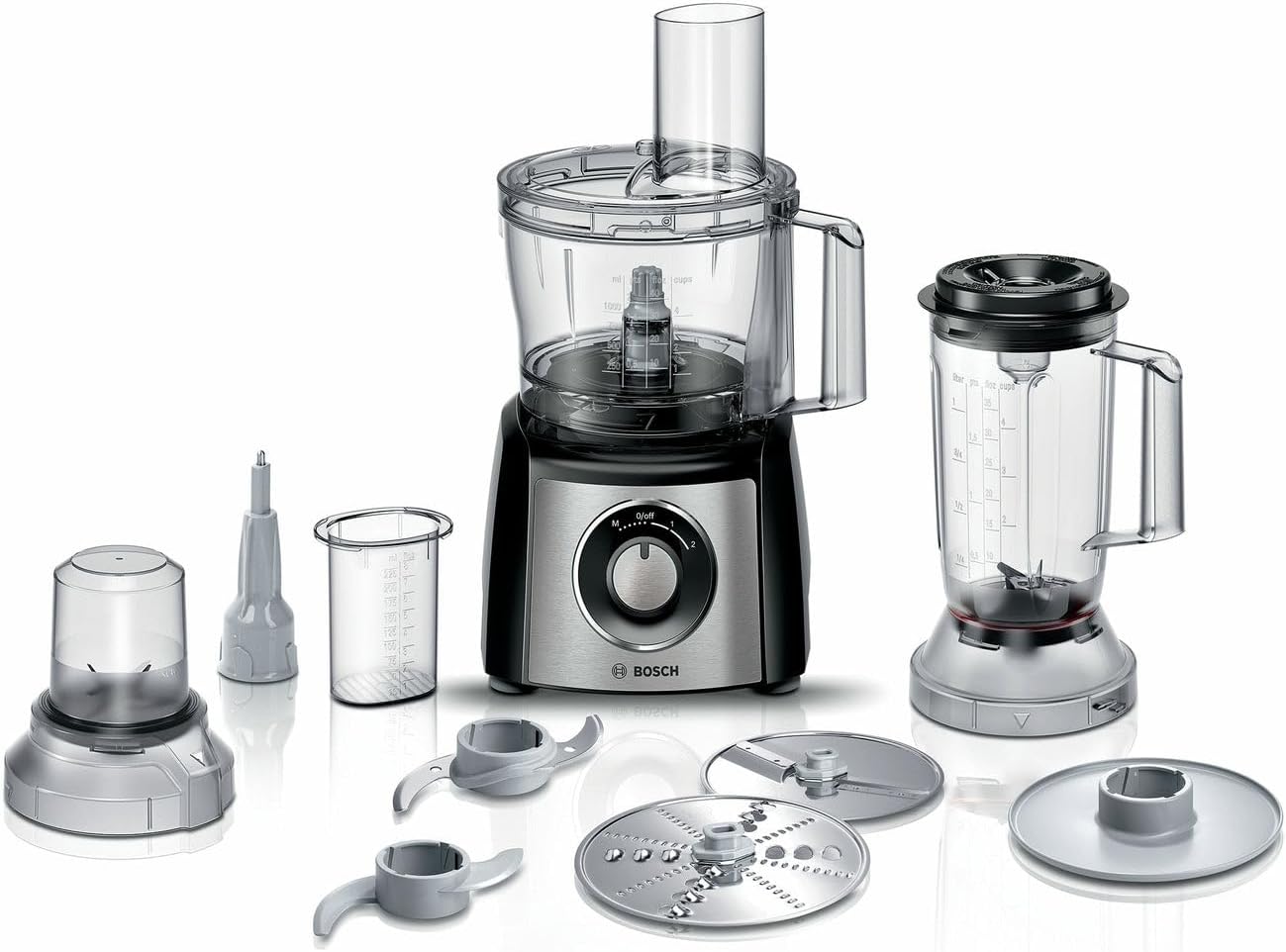 Bosch MultiTalent 3 MCM3501M Compact Food Processor, 50 Functions, Mixing Bowl 2.3 L, Mixer 1.0 L, Utility Knife, Cutting and Rasping (Fine, Coarse), Chopper, Impact Disc, 800 W, Black.