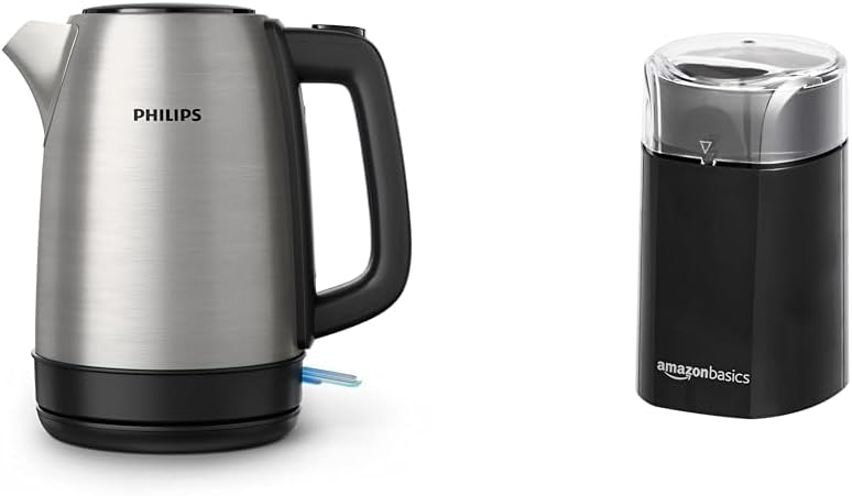 Philips Daily Collection Metal Kettle Spring Lid, Light Indicator & Amazon Basics Electric Coffee Grinder, Black