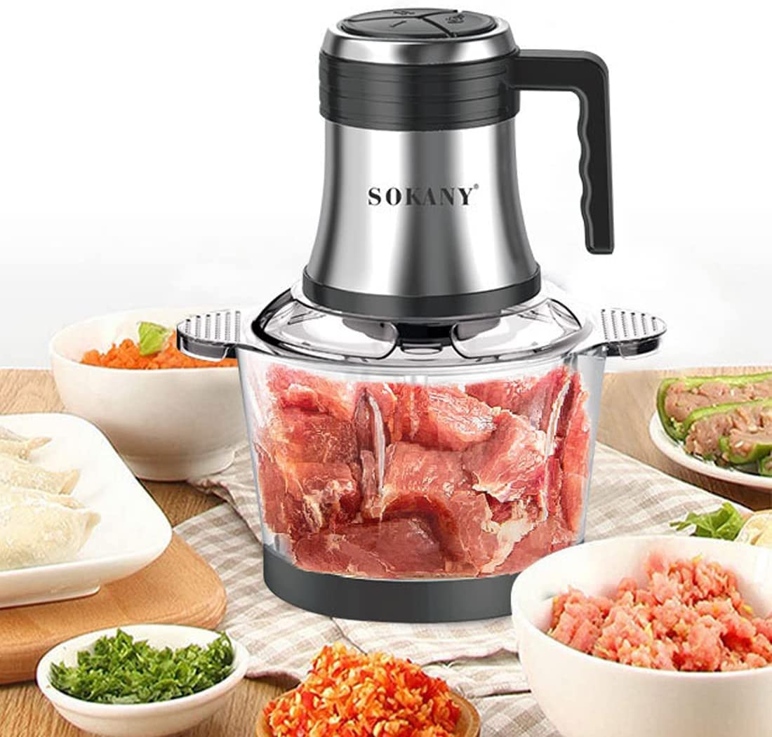 SOKANY 800 W Electric Kitchen Chopper with 3 L Thickened Glass, Multi Chopper with 3 Speed Levels, Meat Grinder with 4 Blades for Meat, Onions, Fruit, Vegetables