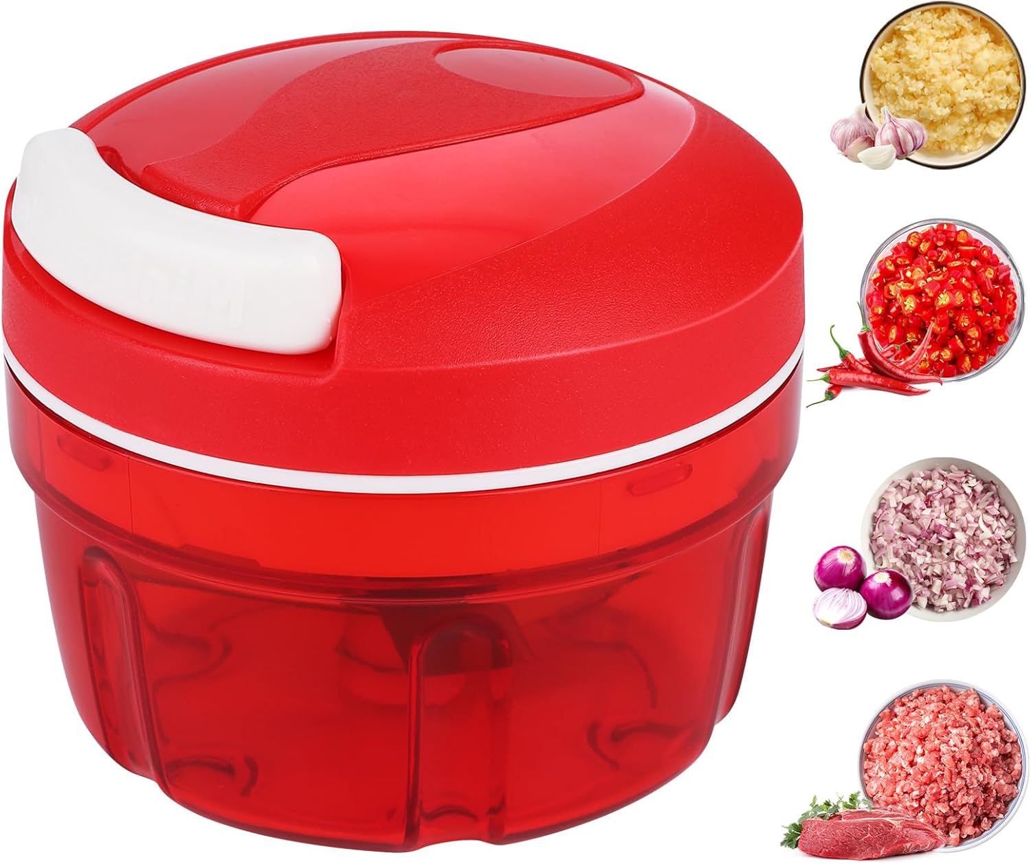 Manual Onion Cutter, 300 ml Onion Chopper with Stainless Steel Blades, Garlic Chopper, Food Processor for Chilli/Onions/Vegetables/Nuts/Fruit/Pepper/Meat/Garlic/Puree Foods (Red)