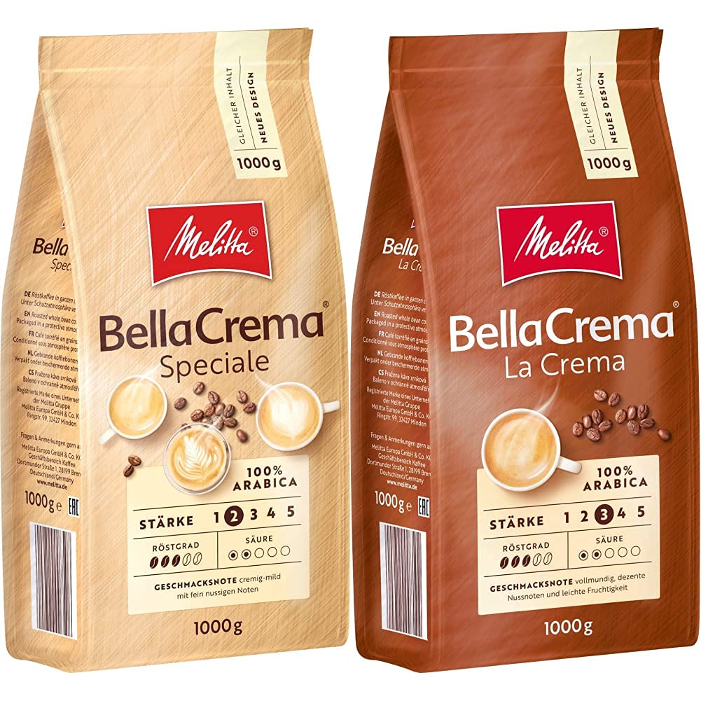 Melitta Bellacrema Speciale, entire coffee beans, strength 2, 1kg & Bellacrema Lacrema, entire coffee beans, strength 3, 1kg