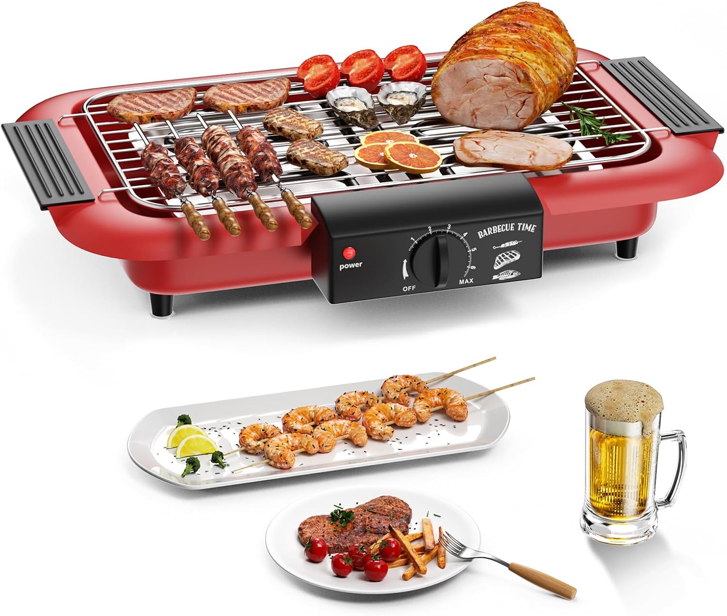 Electric Grill Non-Stick Smokeless Indoor Outdoor Removable Powerful Portable Grill 2000W Double Tube for BBQ Parties (Red)